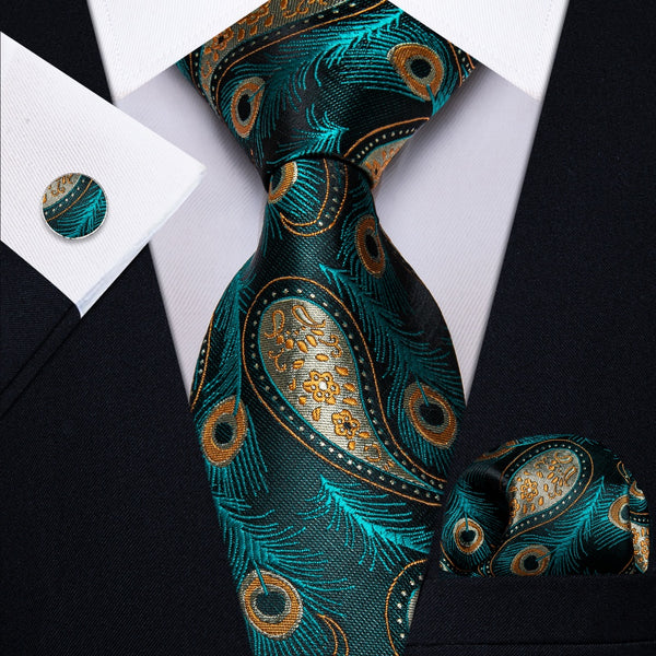 Ties2you Blue Green Yellow Paisley Feather Men's Necktie Pocket Square Cufflinks Set