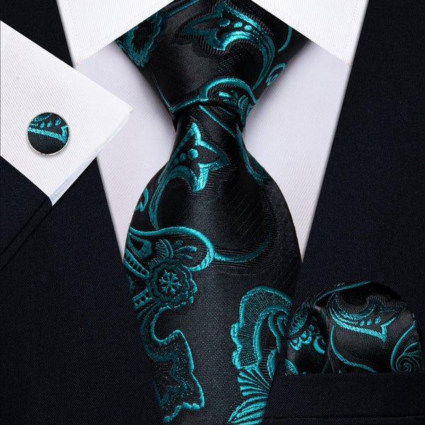 Ties2you Blue Green Floral Men's Necktie Pocket Square Cufflinks Set