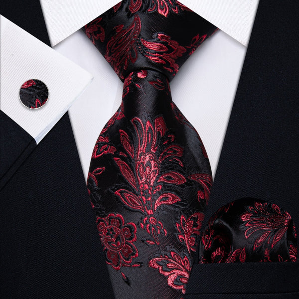 Ties2you Dark Red Tie Floral Men's Necktie Pocket Square Cufflinks Set