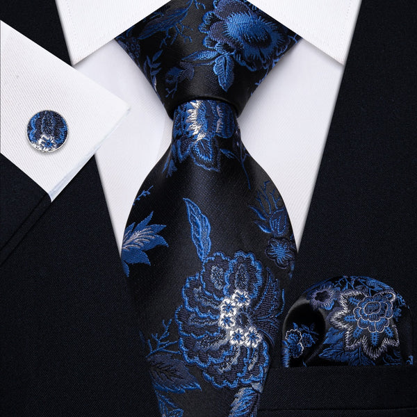 Ties2you Blue Black Floral Men's Necktie Pocket Square Cufflinks Set