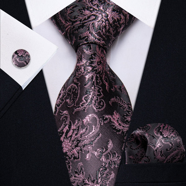 Ties2you Pink Black Floral Men's Necktie Pocket Square Cufflinks Set