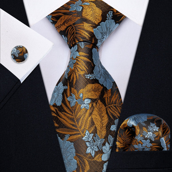 Ties2you Blue Golden Floral Men's Necktie Pocket Square Cufflinks Set