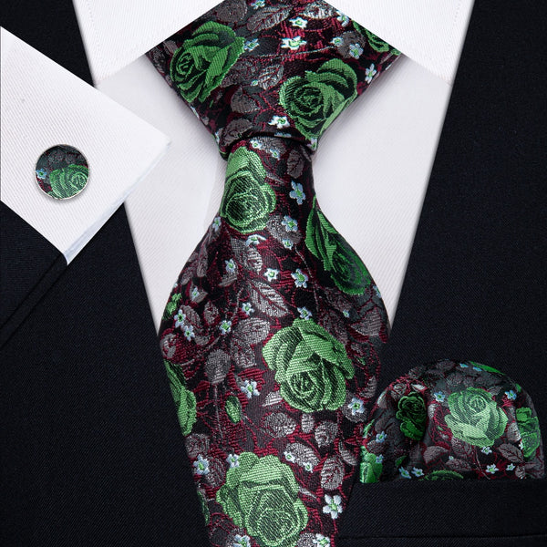 Ties2you Green Black Floral Men's Necktie Pocket Square Cufflinks Set