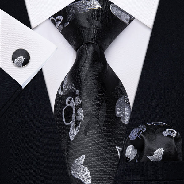 Ties2you Mens Black Tie White Floral Men's Necktie Hanky Cufflinks Set