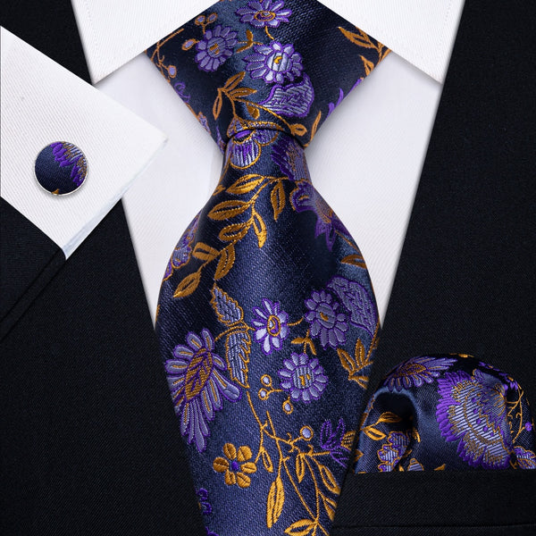 Ties2you Purple Golden Floral Mens Necktie Pocket Square Cufflinks Set