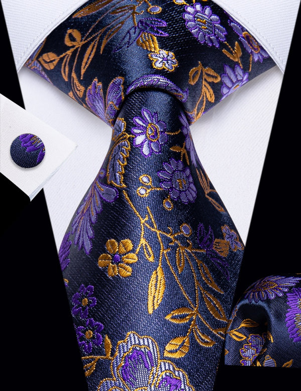 Ties2you Purple Golden Floral Mens Necktie Pocket Square Cufflinks Set