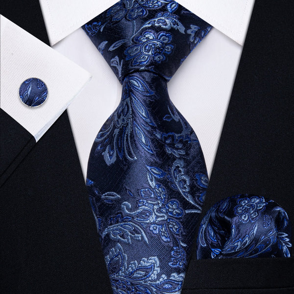 Ties2you Navy Blue Floral Men's Necktie Pocket Square Cufflinks Set