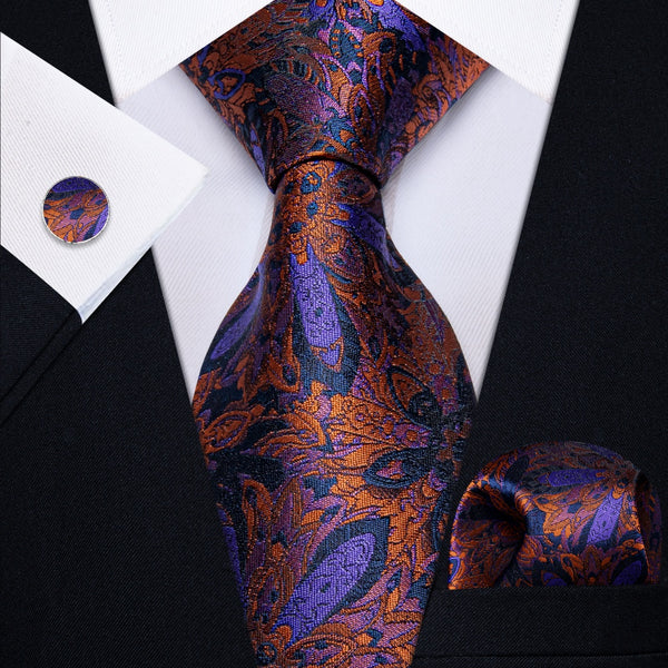 Ties2you Orange Blue Purple Jacquard Floral Tie Hanky Cufflinks Set