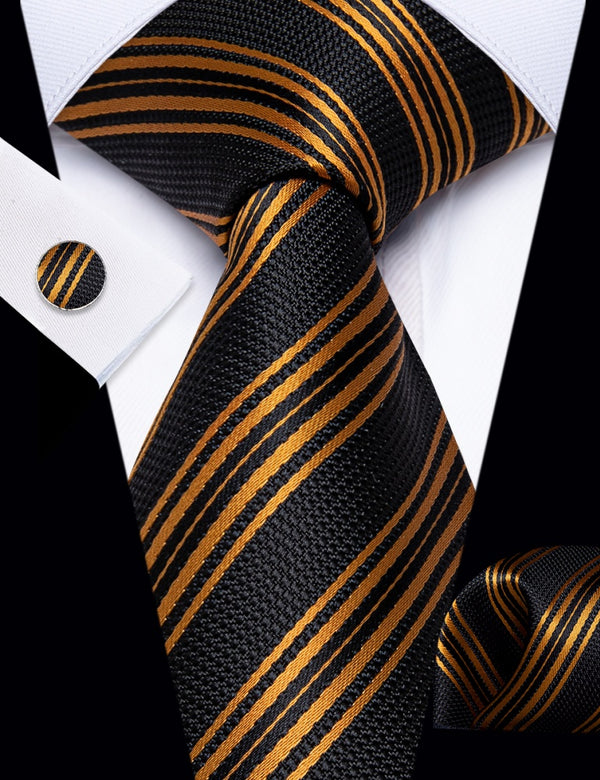 Ties2you Black Tie Gold Stripes Men's Wedding Tie Hanky Cufflinks Set