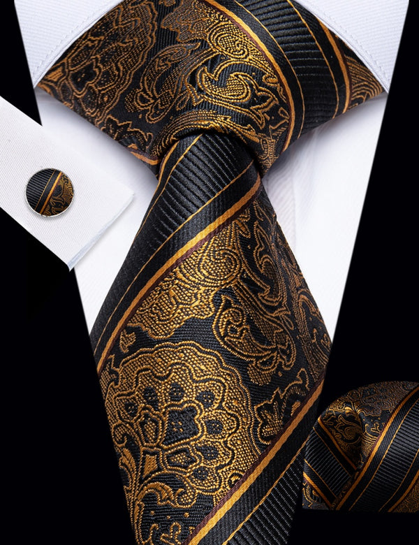 Ties2you Men's Necktie Black Gold Floral Tie Hanky Cufflinks Set