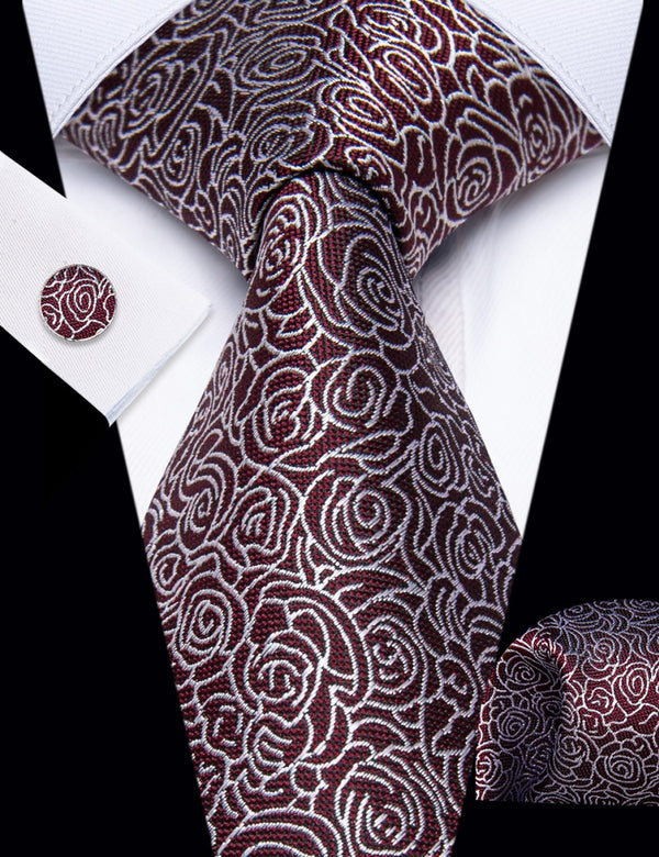 Ties2you Burgundy Necktie White Roses Floral Tie Hanky Cufflinks Set