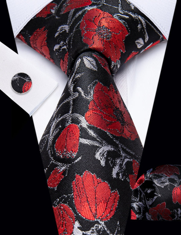 Ties2you Red Tie Floral Jacquard Black Grey Tie Hanky Cufflinks Set