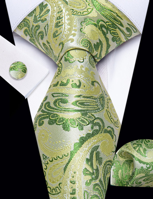 Ties2you Light Green Tie Floral Men Necktie Hanky Cufflinks Set