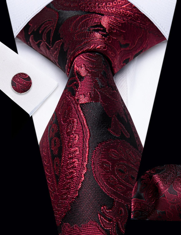 Ties2you Mens Burgundy Floral Tie Silk Neck Tie Hanky Cufflinks Set