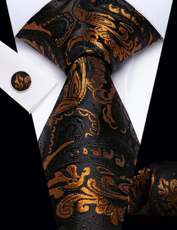 Ties2you Mens Black Ties Golden Paisley Neck Tie Hanky Cufflinks Set