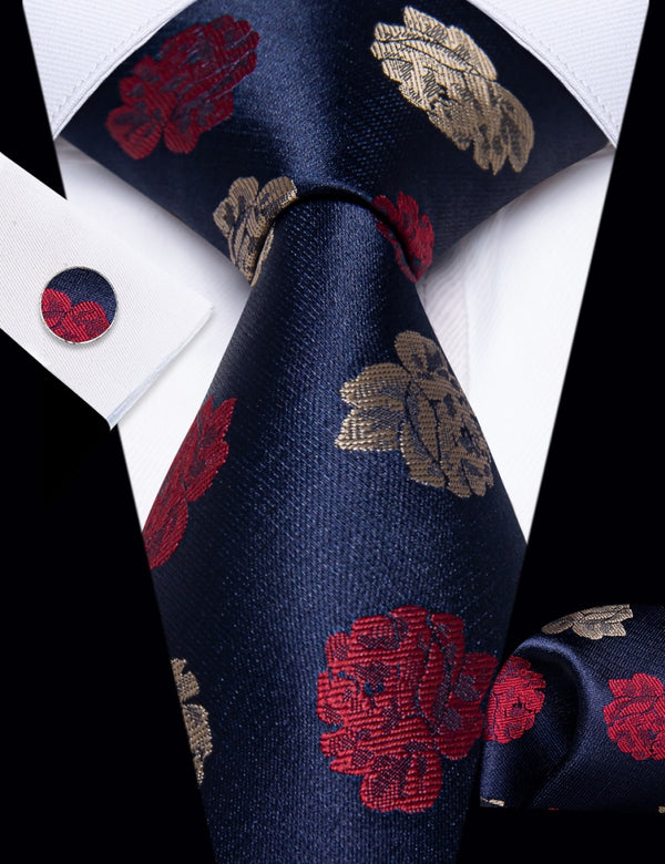 Ties2you Blue Necktie Red Brown Roses Floral Tie Hanky Cufflinks Set