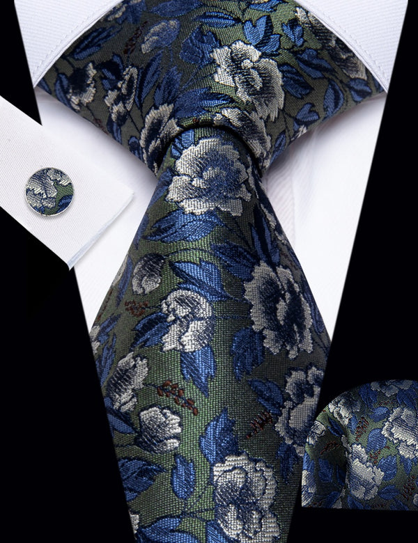 Ties2you Green Necktie Blue Jacquard Floral Tie Hanky Cufflinks Set