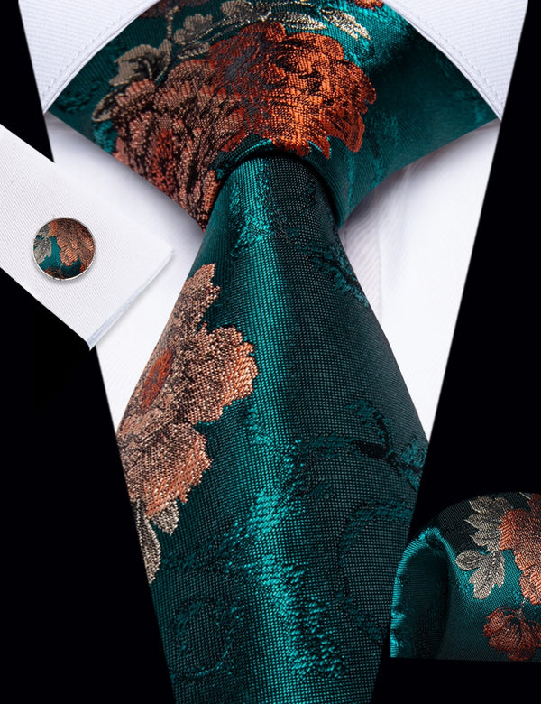 Ties2you Teal Necktie Brown Orange Floral Mens Tie Hanky Cufflinks Set