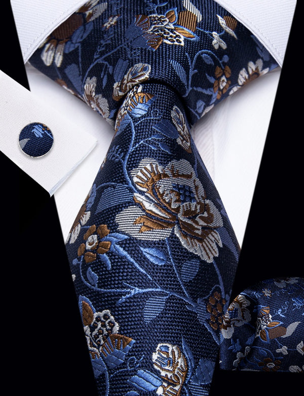 Ties2you Deep Blue Tie Brown Floral Men Necktie Hanky Cufflinks Set