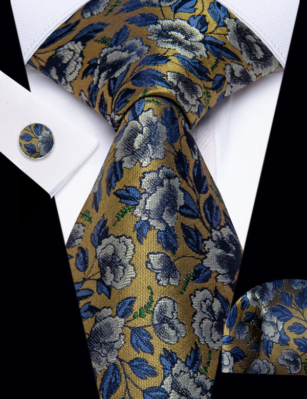 Ties2you Shadow Brown Necktie Blue Floral Mens Tie Hanky Cufflinks Set