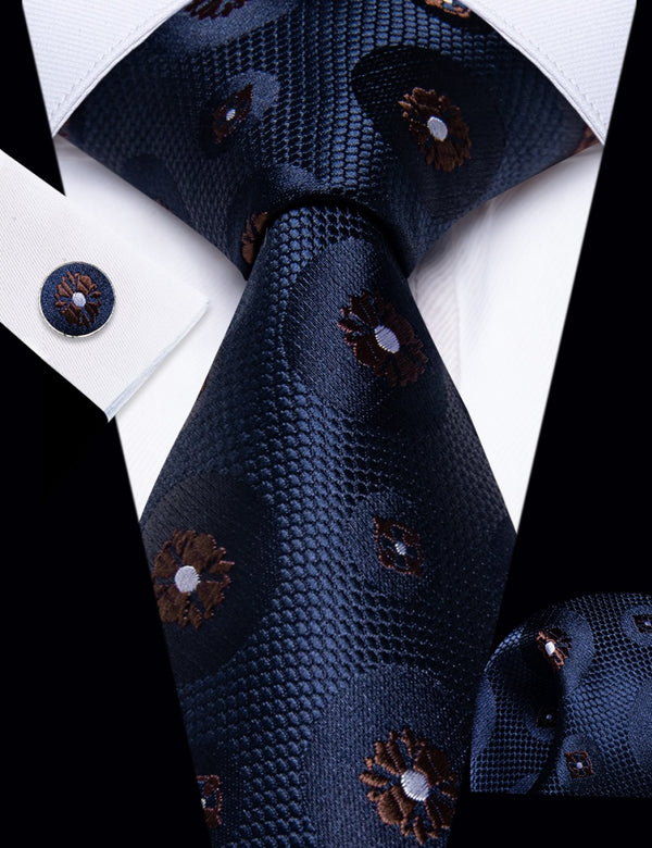 Ties2you Deep Blue Neckties Brown Floral Mens Tie Hanky Cufflinks Set