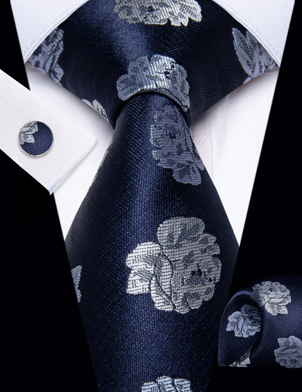 Ties2you Deep Blue Neckties Grey Roses Floral Tie Hanky Cufflinks Set