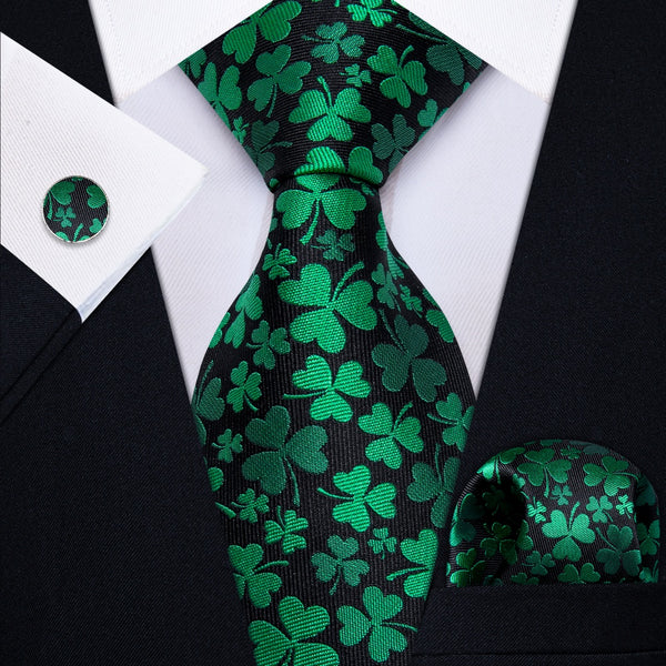 Ties2you Black Green Clover Botanical Men's Necktie Pocket Square Cufflinks Set