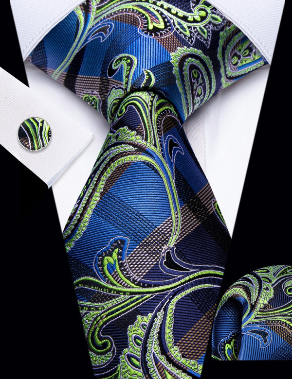 Ties2you Green Blue Plaid Floral Necktie Pocket Square Cufflinks Set for Men