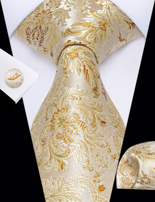 Ties2you Champagne Tie Men's Silk Floral Necktie Hanky Cufflink Set