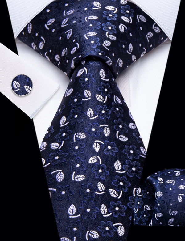 Ties2you Oxford Blue Tie Floral Woven Silk Mens Necktie Hanky Cufflinks Set