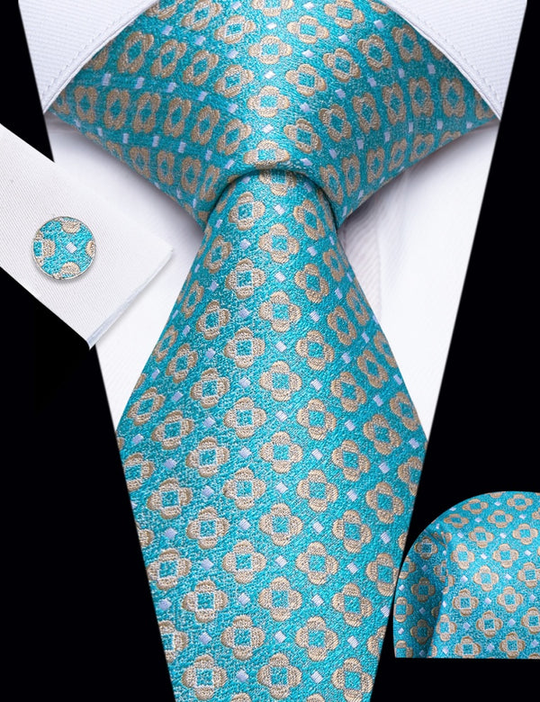 Ties2you Pale Blue Tie Tan Floral Pattern Silk Mens Necktie Set