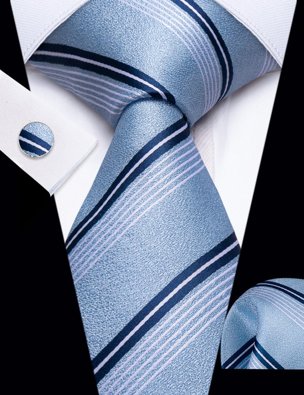 Ties2you Light Blue Striped Necktie Pocket Square Cufflinks Set