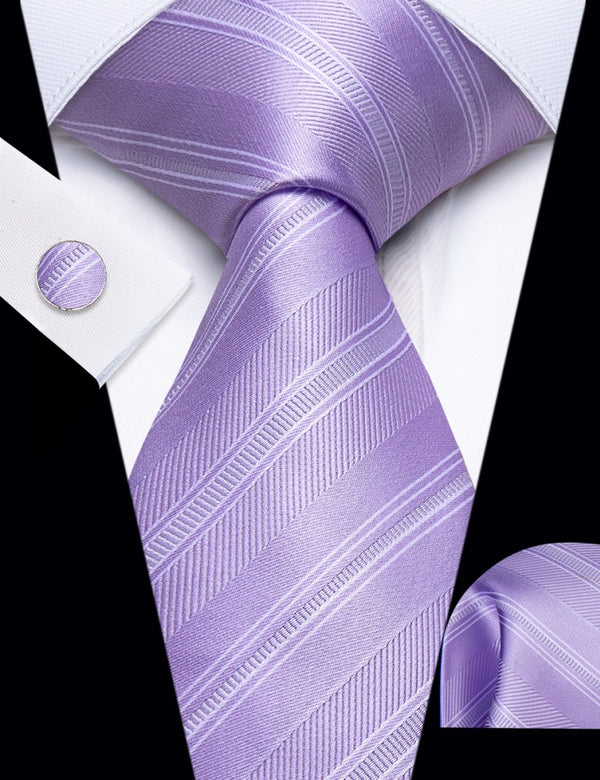 Ties2you Orchid Purple Striped Silk Necktie Hanky Cufflinks Set