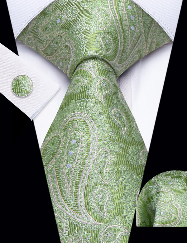 Ties2you Olivine Green Paisley Necktie Pocket Square Cufflinks Set