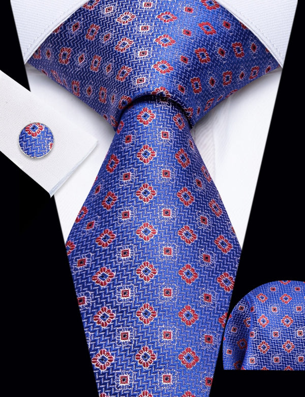 Ties2you Blue Tie Red Floral Necktie Pocket Square Cufflinks Set