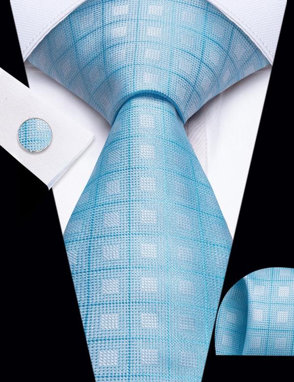 Ties2you Baby Blue Plaid Necktie Pocket Square Cufflinks Set Wedding