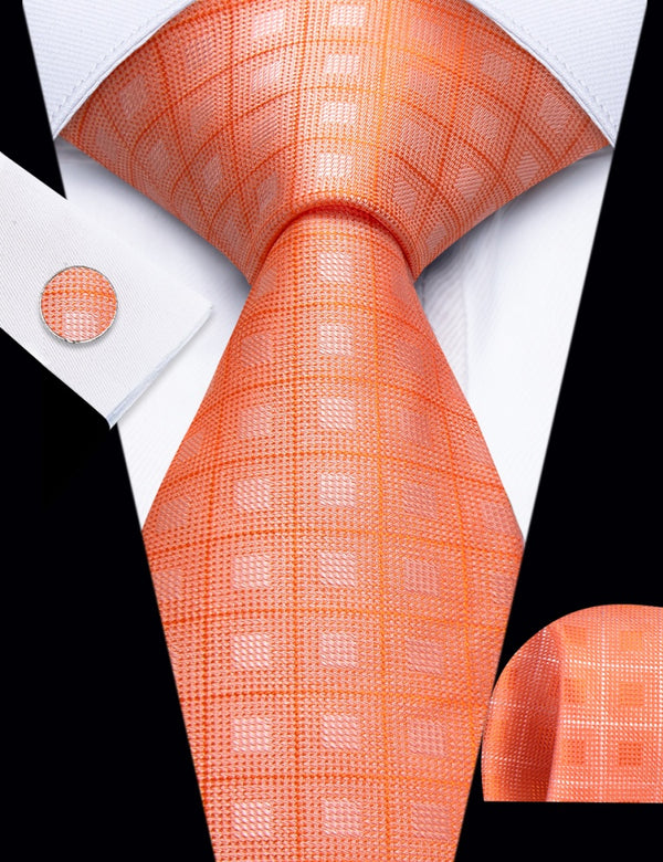 Ties2you Light Orange Plaid Necktie Pocket Square Cufflinks Set