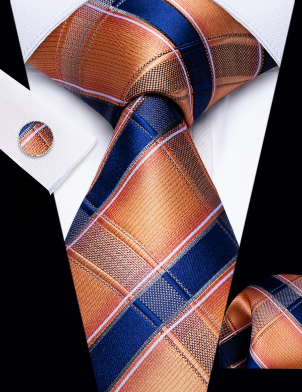 Ties2you Orange Navy Striped Necktie Pocket Square Cufflinks Set