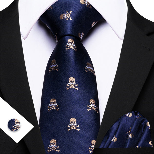 Halloween Blue Necktie Champagne Skulls Men's Tie Hanky Cufflinks Set