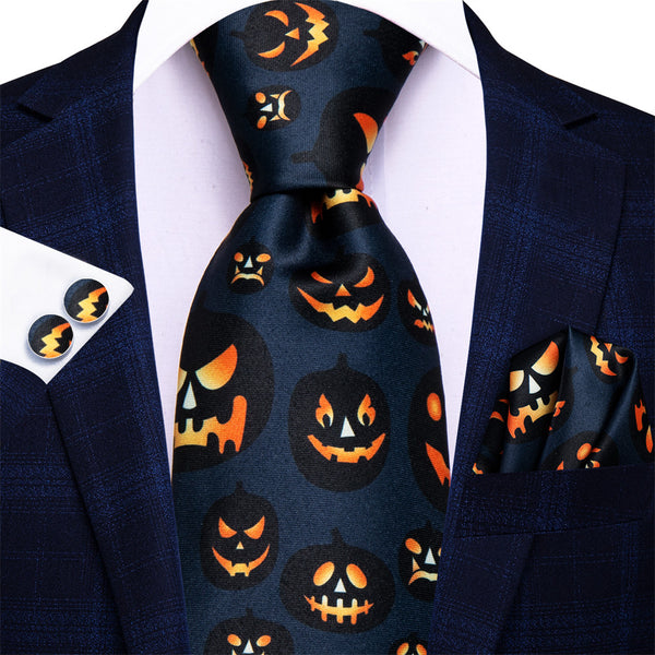 Halloween Necktie Orange Jack-O-Lantern Novelty Necktie Hanky Cufflinks Set