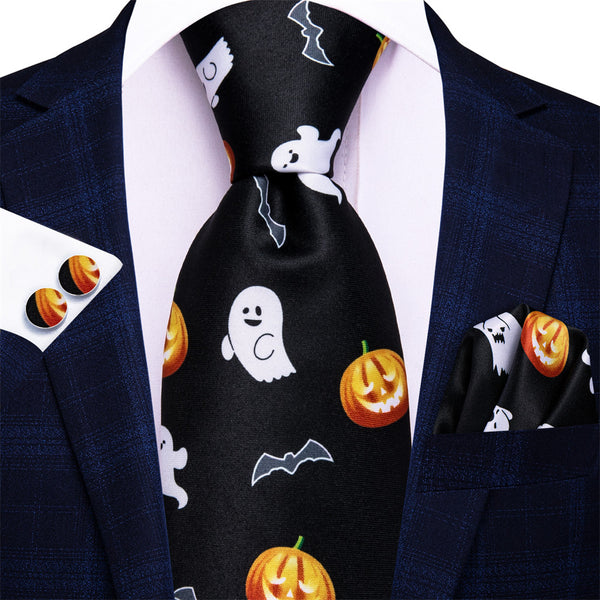 Halloween Necktie Black Orange Ghost and Jack-O-Lantern Necktie Hanky Cufflinks Set