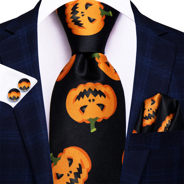 Halloween Necktie Black Orange Jack-O-Lantern Necktie Hanky Cufflinks Set