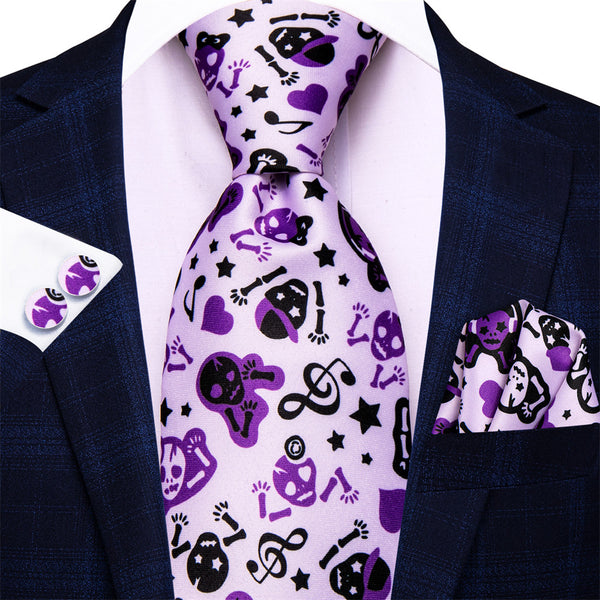 Halloween Necktie Purple Note and Skull Necktie Hanky Cufflinks Set