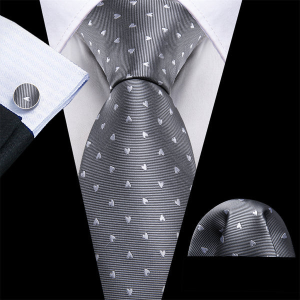 Ties2you Grey Ties White Heart Novelty Necktie Hanky Cufflinks Set