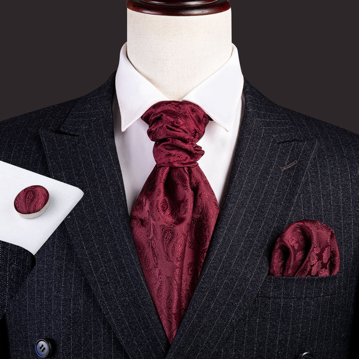Mens Silk Ascot Cravat Tie Suit Blue Paisley Floral Scarf Hanky Ring Set  Casual