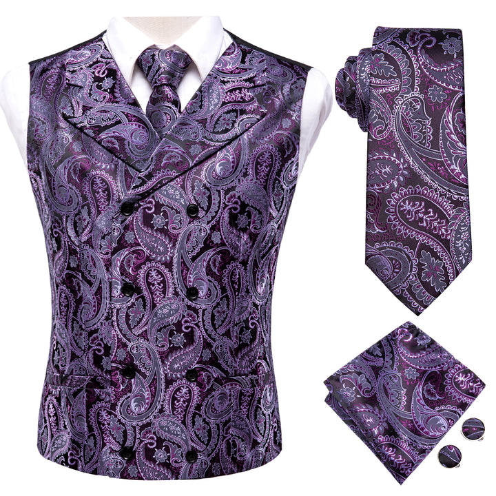 Purple Paisley Jacquard Silk Men's Vest Hanky Cufflinks Tie Set For Su ...