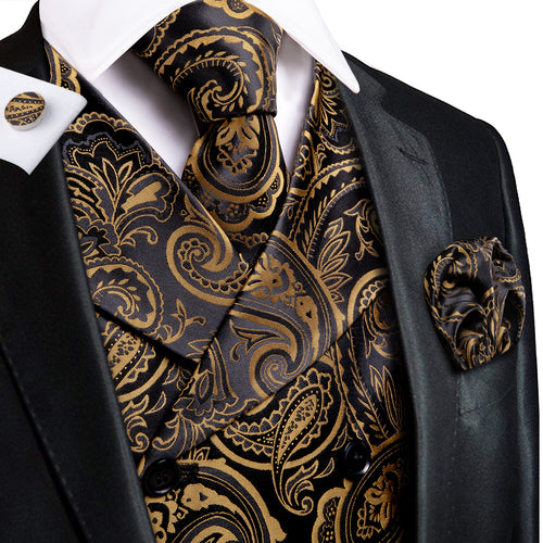 Red Black Floral Jacquard Silk Men's Vest Hanky Cufflinks Tie Set