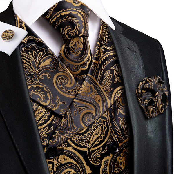 Black silk tie with gold jacquard motif