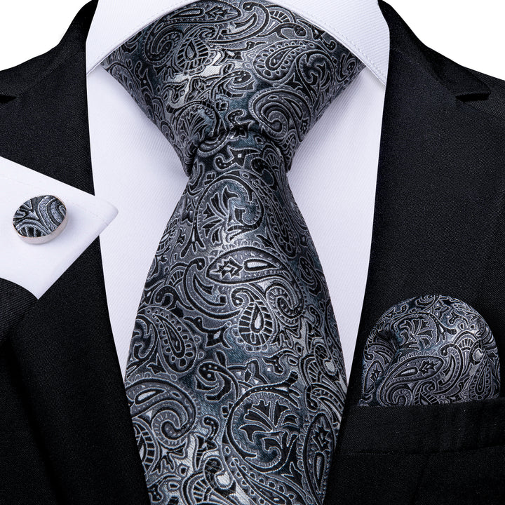 Grey Black Paisley Tie Pocket Square Cufflinks Set – ties2you