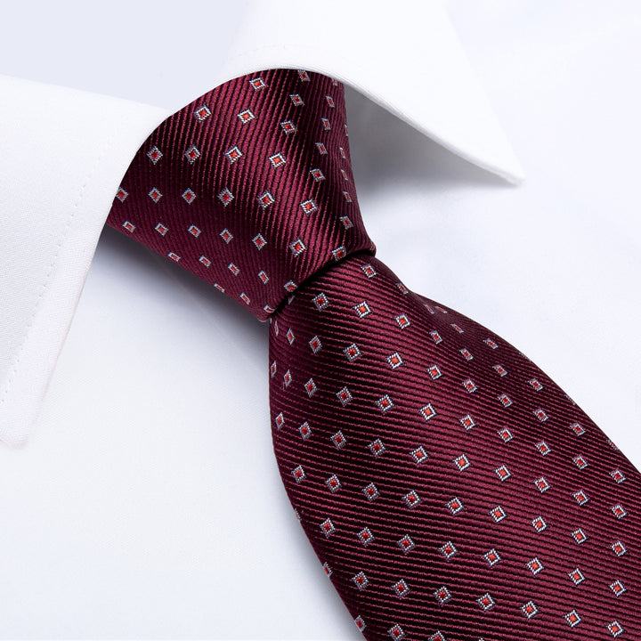 fashion plaid deep red burgandy tie handkerchief cufflinks set